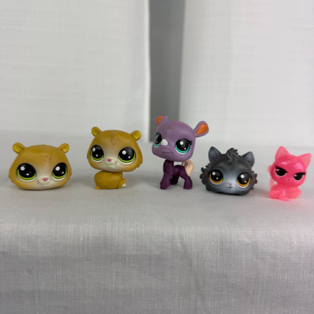 Littlest Pet Shop LPS Figure Lot Purple Rhino Hamster Grey Cat Pink Kitten 5pc